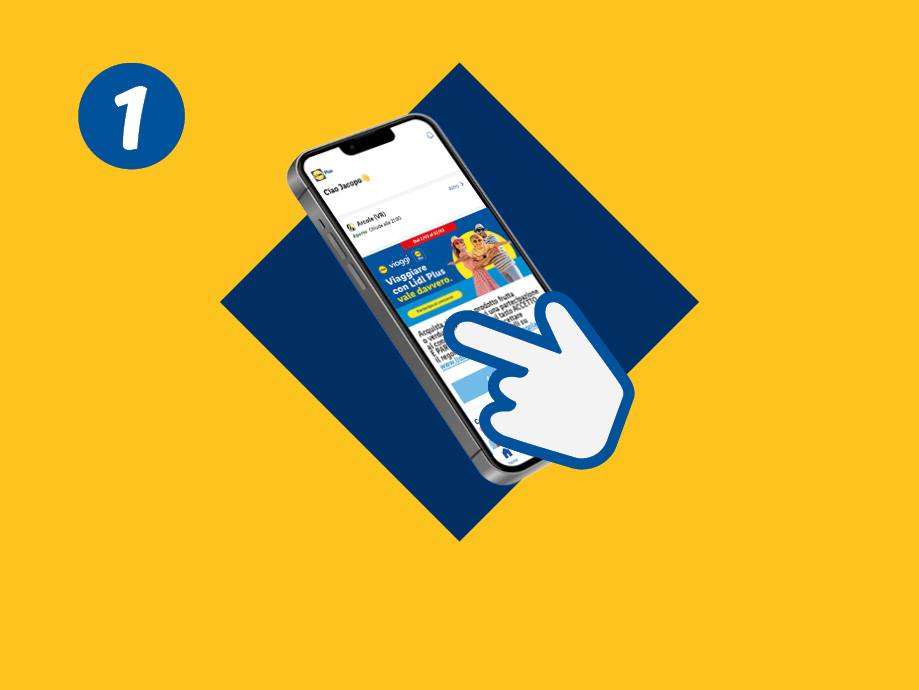 Smartphone con app di viaggi, un dito che clicca, e un numero 1 in un cerchio blu.