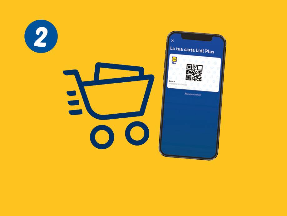 Carrello della spesa e smartphone con carta fedeltà digitale e codice QR.