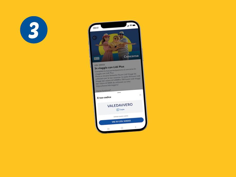 Un telefono mostra un concorso per vincere buoni viaggio, con un codice 'VALEDAVVERO' e un pulsante 'VAI SU VIAGGI'.