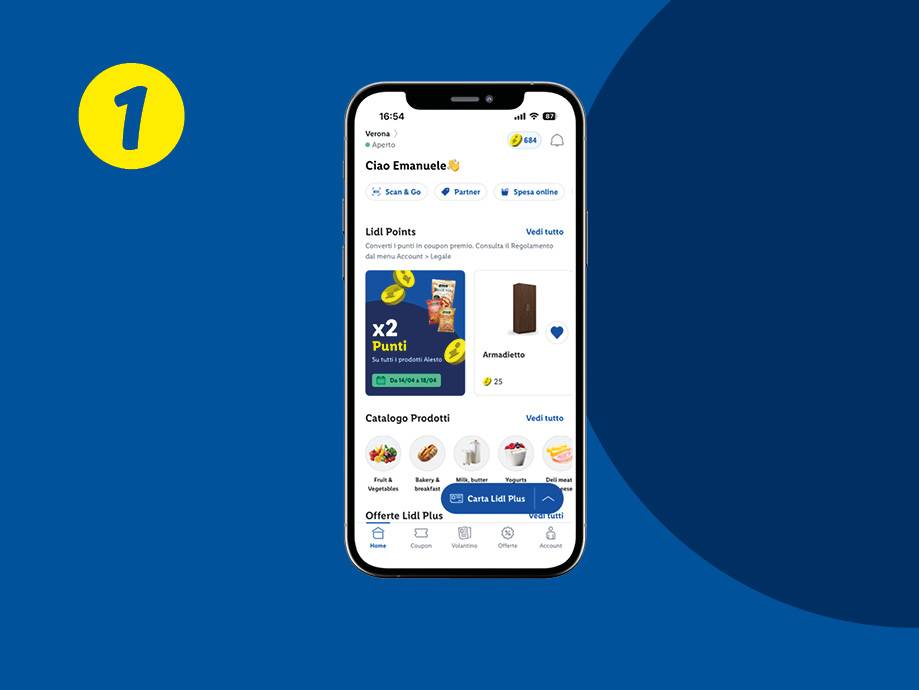 Schermata dell'app mobile con punti fedeltà, catalogo prodotti e offerte.