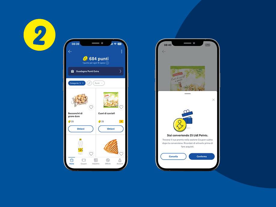 Schermate dell'app mobile che mostrano la conversione di punti per bocconcini di grano duro e cuori di carciofi.