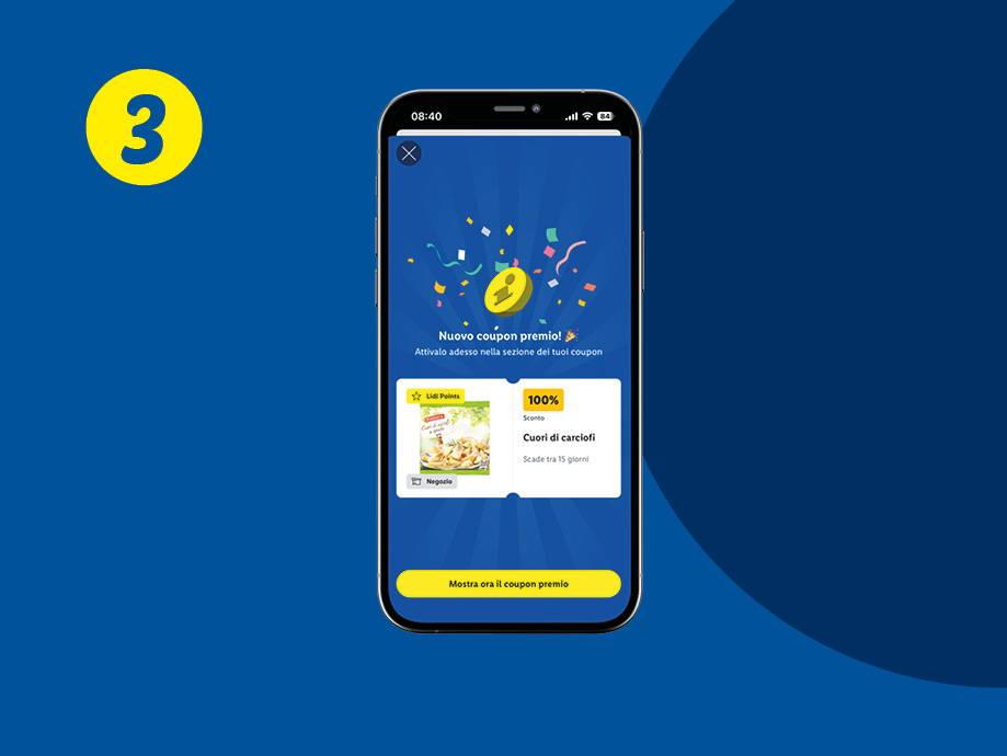 Schermata di un'app mobile che mostra un coupon premio per cuori di carciofi con uno sconto del 100%.