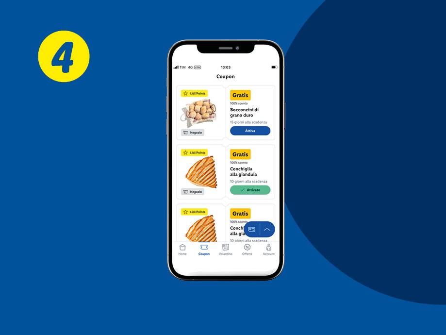 Schermata dell'app mobile con coupon per bocconcini di grano duro e conchiglie alla gianduia.