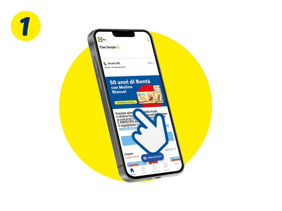 Uno smartphone che mostra l'app Lidl con un concorso Mulino Bianco e offerte su frutta e verdura.
