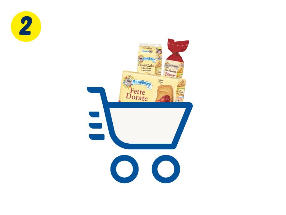 Un carrello della spesa stilizzato con prodotti Mulino Bianco, tra cui PlumCake, Fette Dorate e Pan Bauletto.
