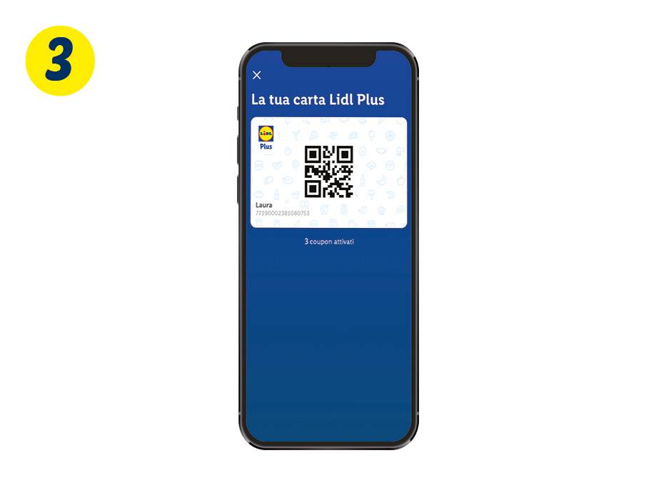 Uno smartphone che mostra la carta fedeltà digitale Lidl Plus con un codice QR.