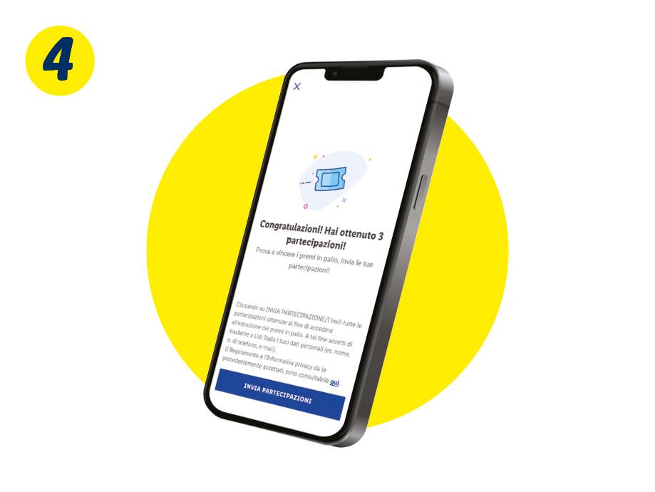 Uno smartphone che mostra un'app con un messaggio di congratulazioni per 3 partecipazioni.