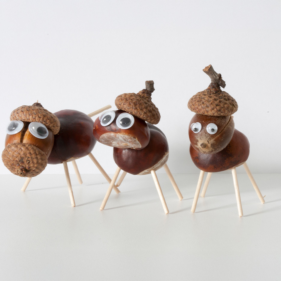 Tre statuette di animali fatte con castagne e ghiande con occhi mobili