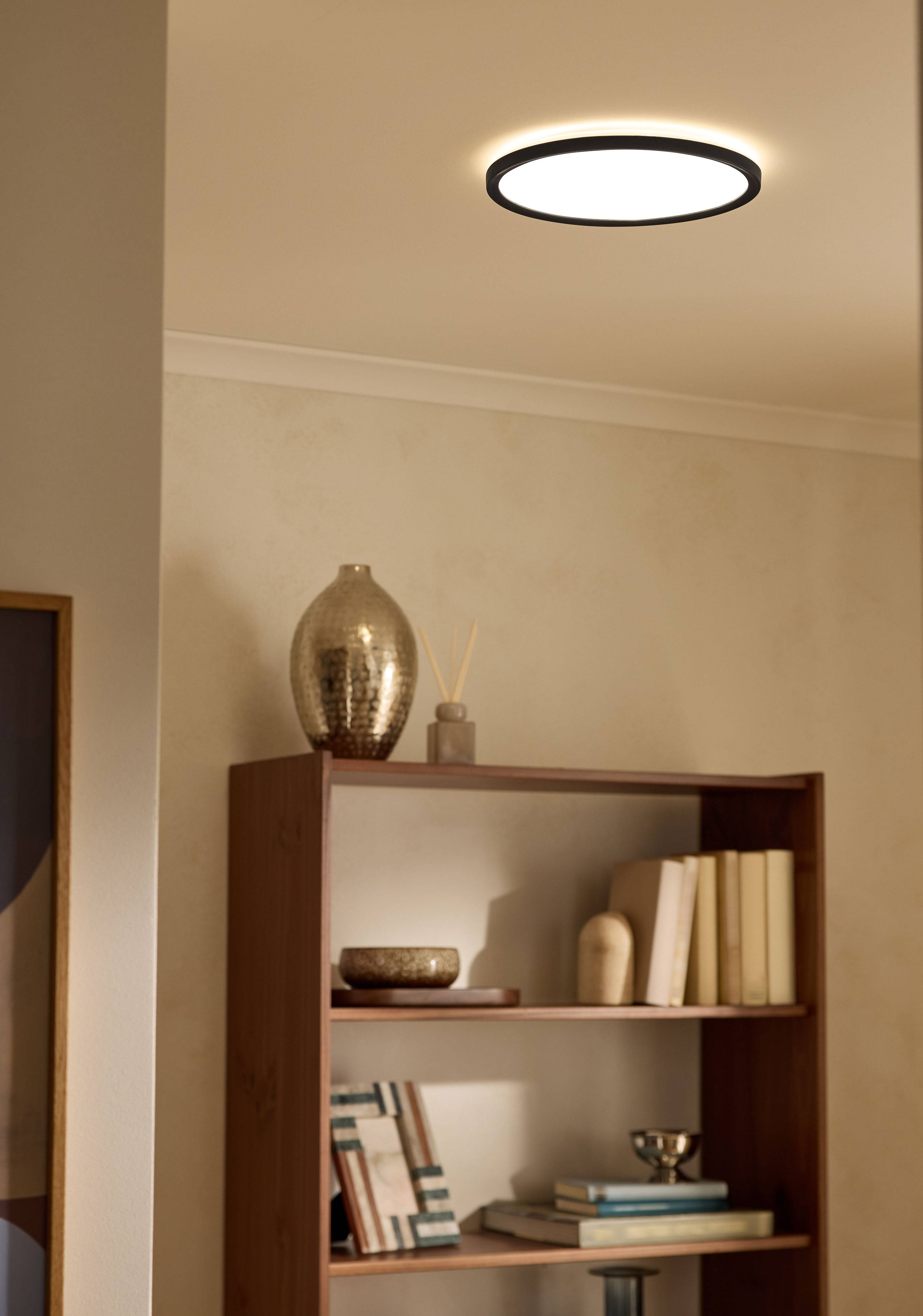 Plafoniera illumina una libreria in soggiorno con libri e oggetti decorativi.