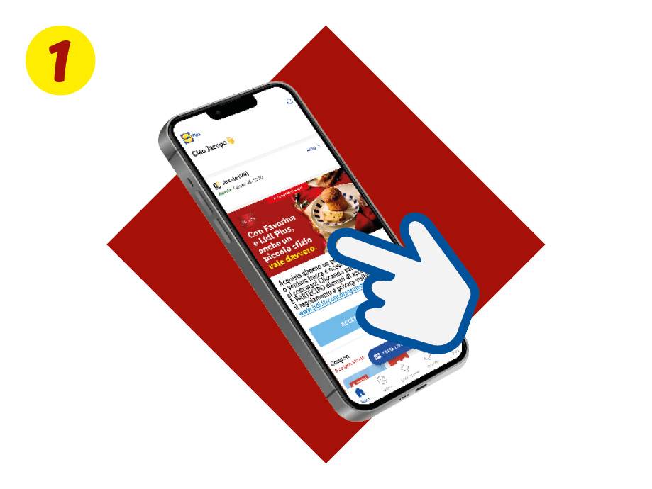 Uno smartphone che mostra l'app Lidl Plus con un concorso e un dito che clicca.
