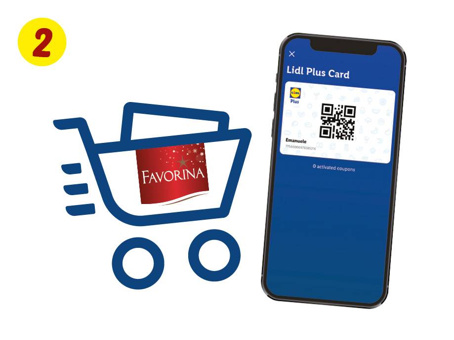 Un carrello della spesa con un prodotto Favorina e uno smartphone che mostra una Lidl Plus Card.