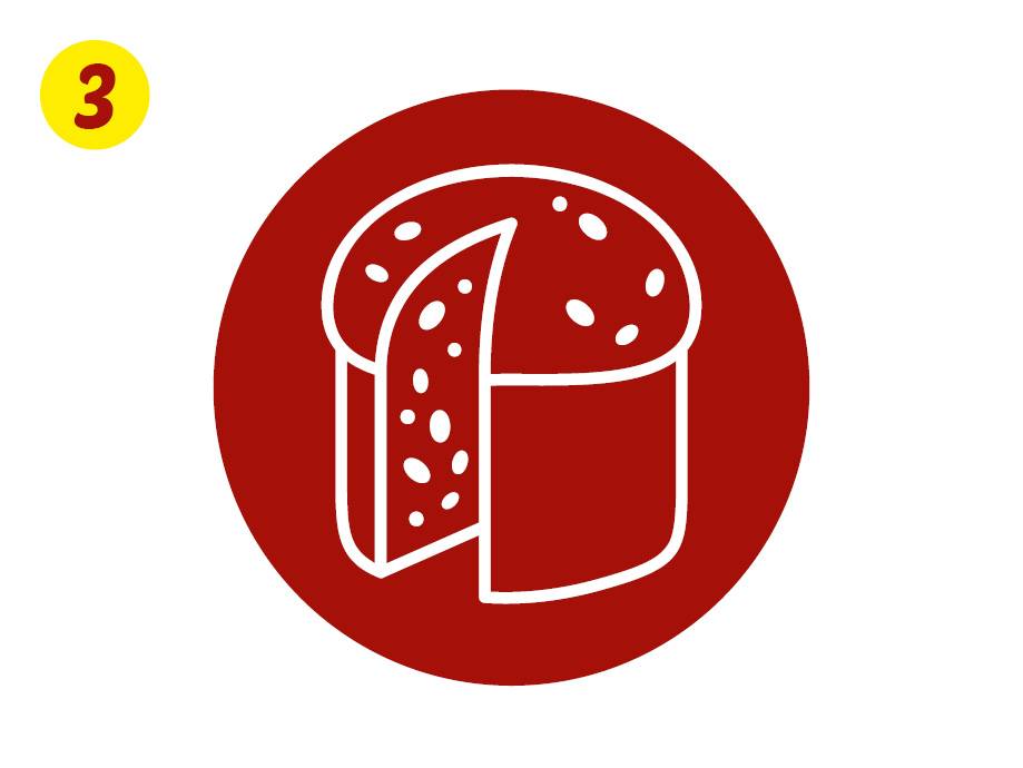 Un panettone con una fetta tagliata, all'interno di un cerchio rosso, con il numero 3 in giallo.