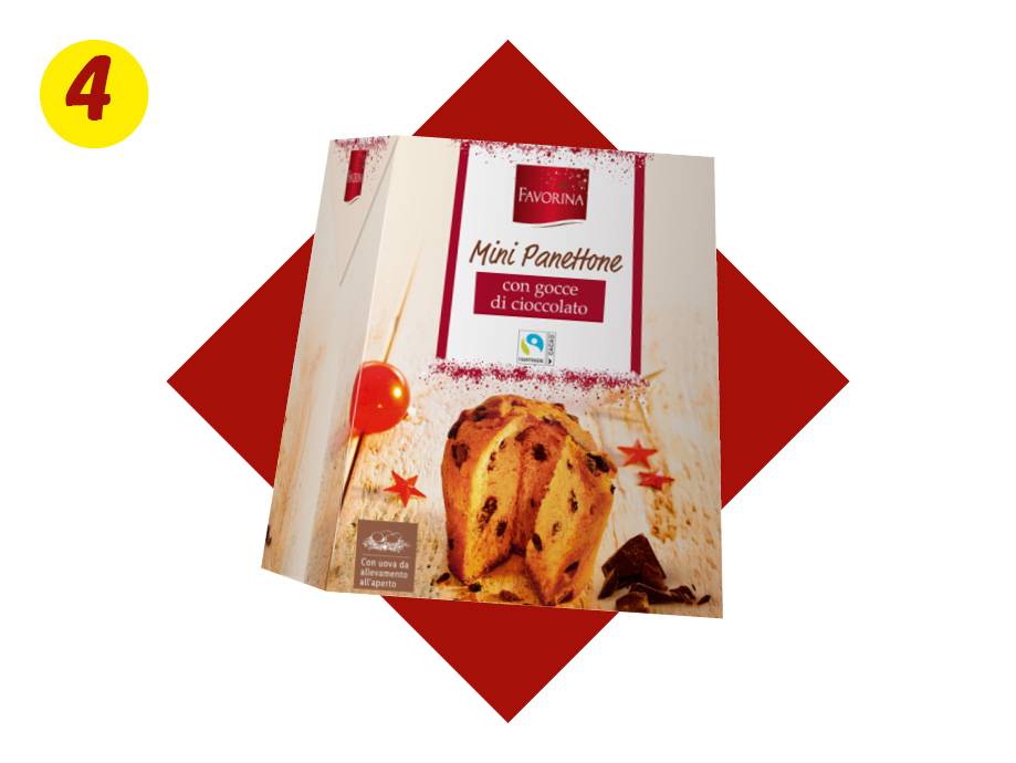 Una confezione di Mini Panettone Favorina con gocce di cioccolato, su sfondo rosso.