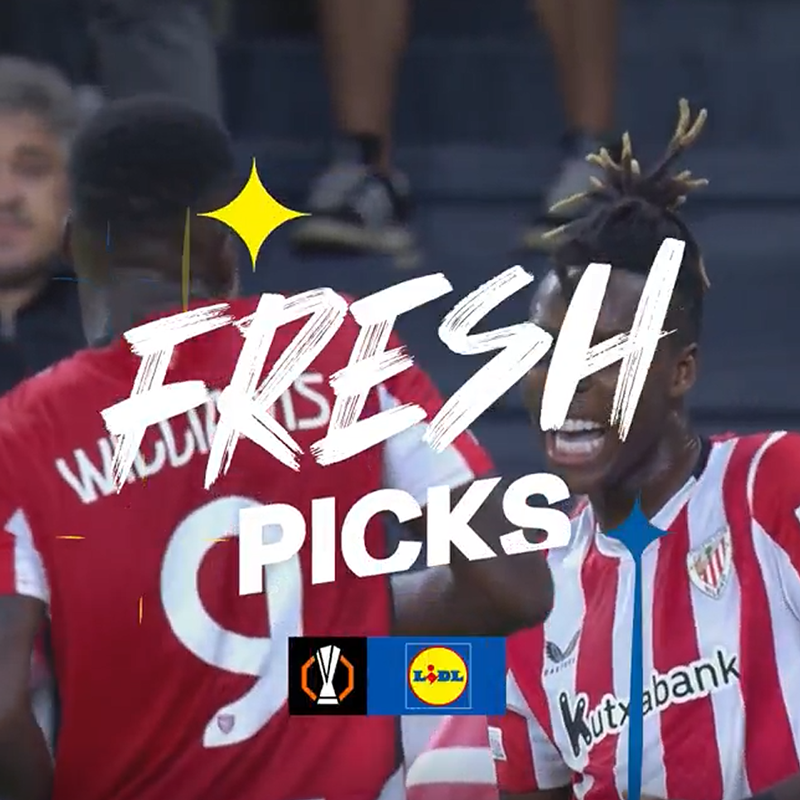 Calciatori in maglie rosse e bianche con la scritta 'FRESH PICKS' e il logo Lidl.