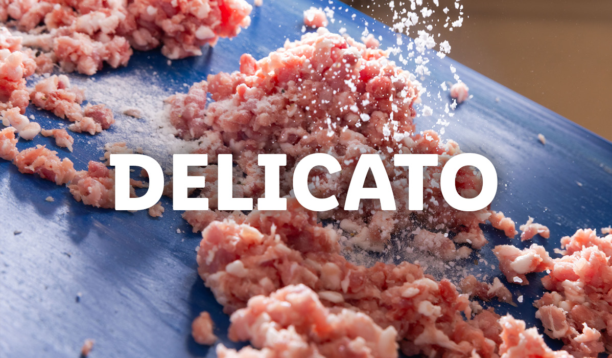 Carne macinata su tagliere blu con sale a pioggia e la scritta DELICATO.