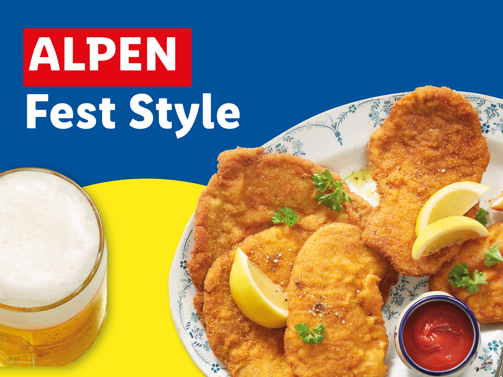 Schnitzel in stile Alpen Fest con birra.