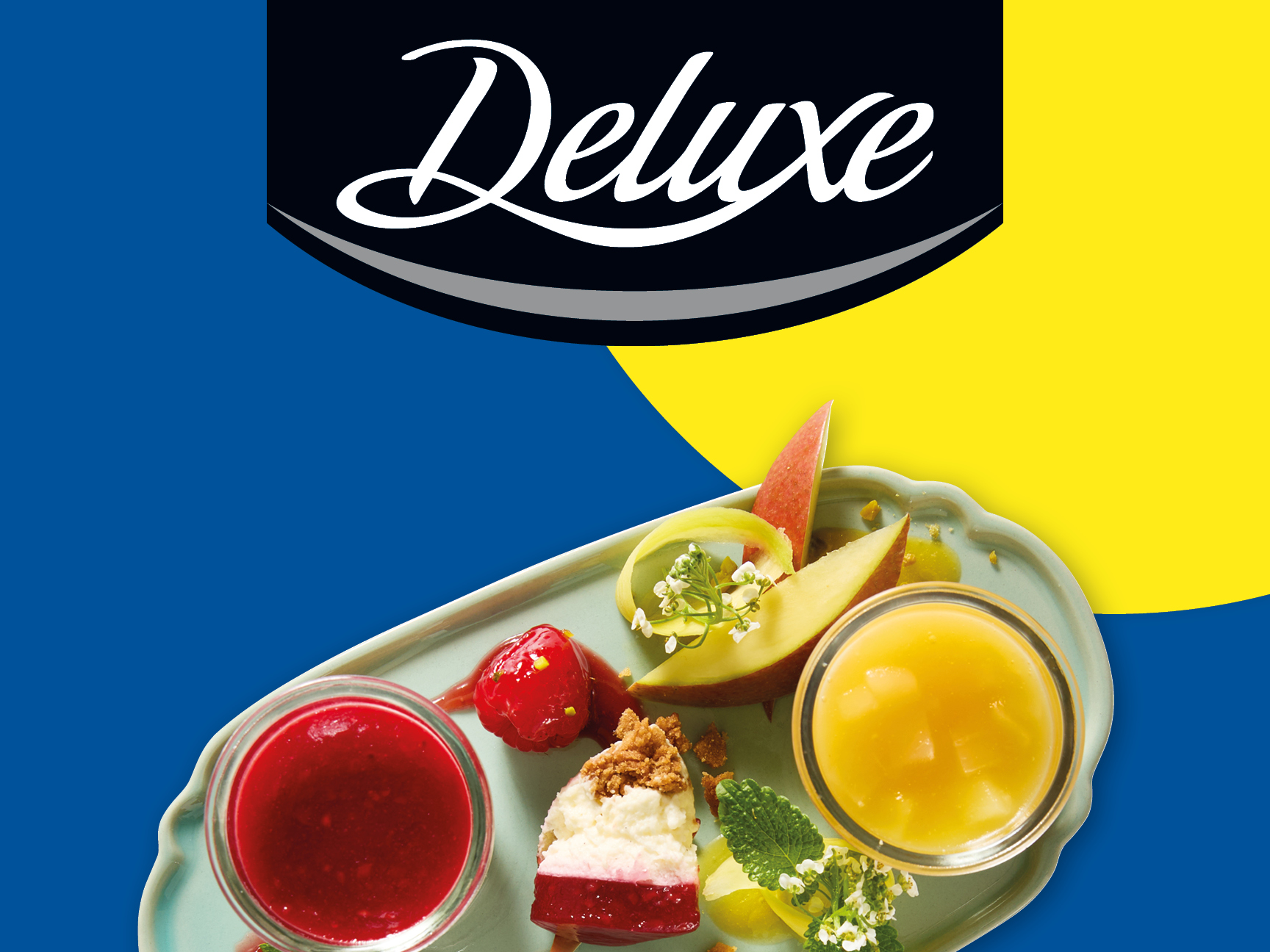 Piatto Deluxe con dessert, salse e frutta fresca.