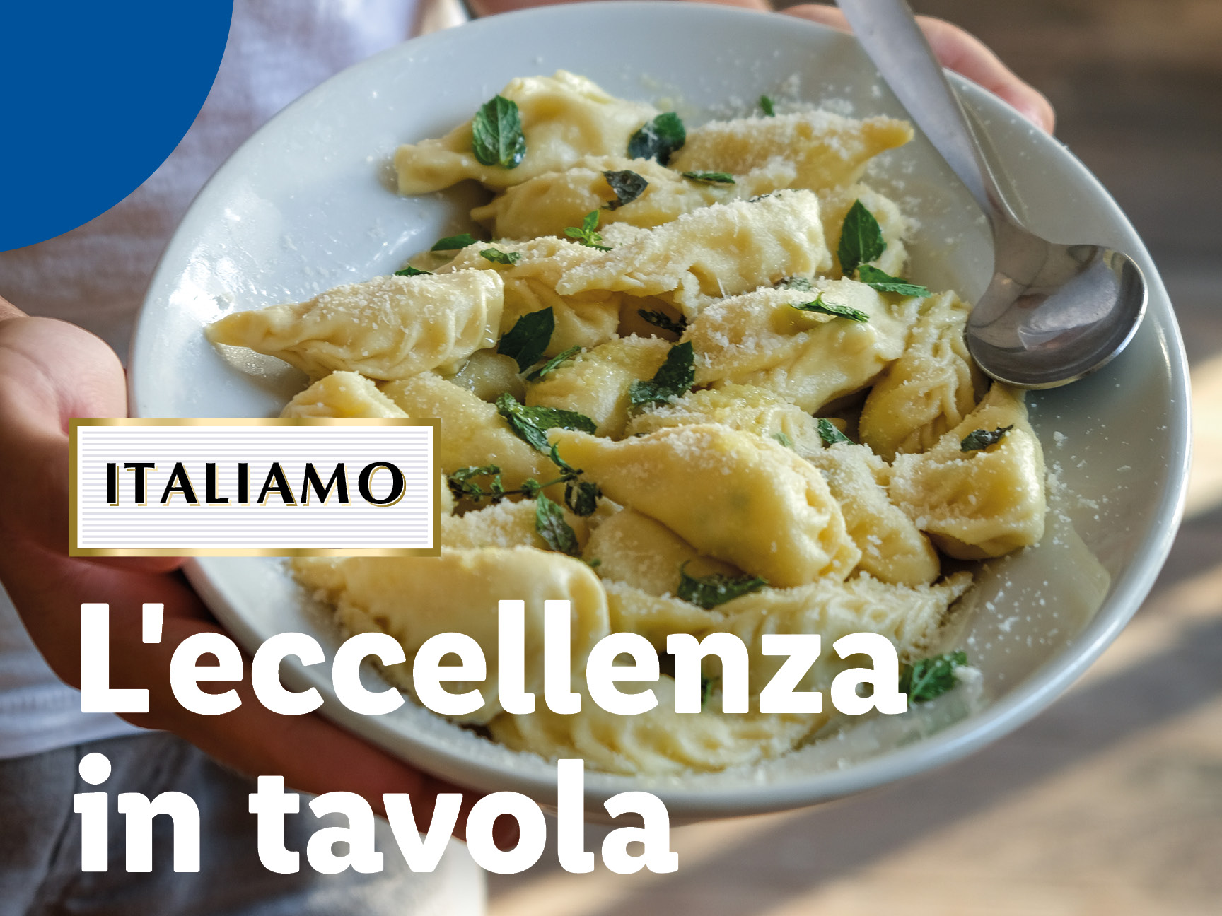 Un piatto di tortellini o ravioli con formaggio grattugiato e menta, con il marchio 'ITALIAMO' e la scritta 'L'eccellenza in tavola'.