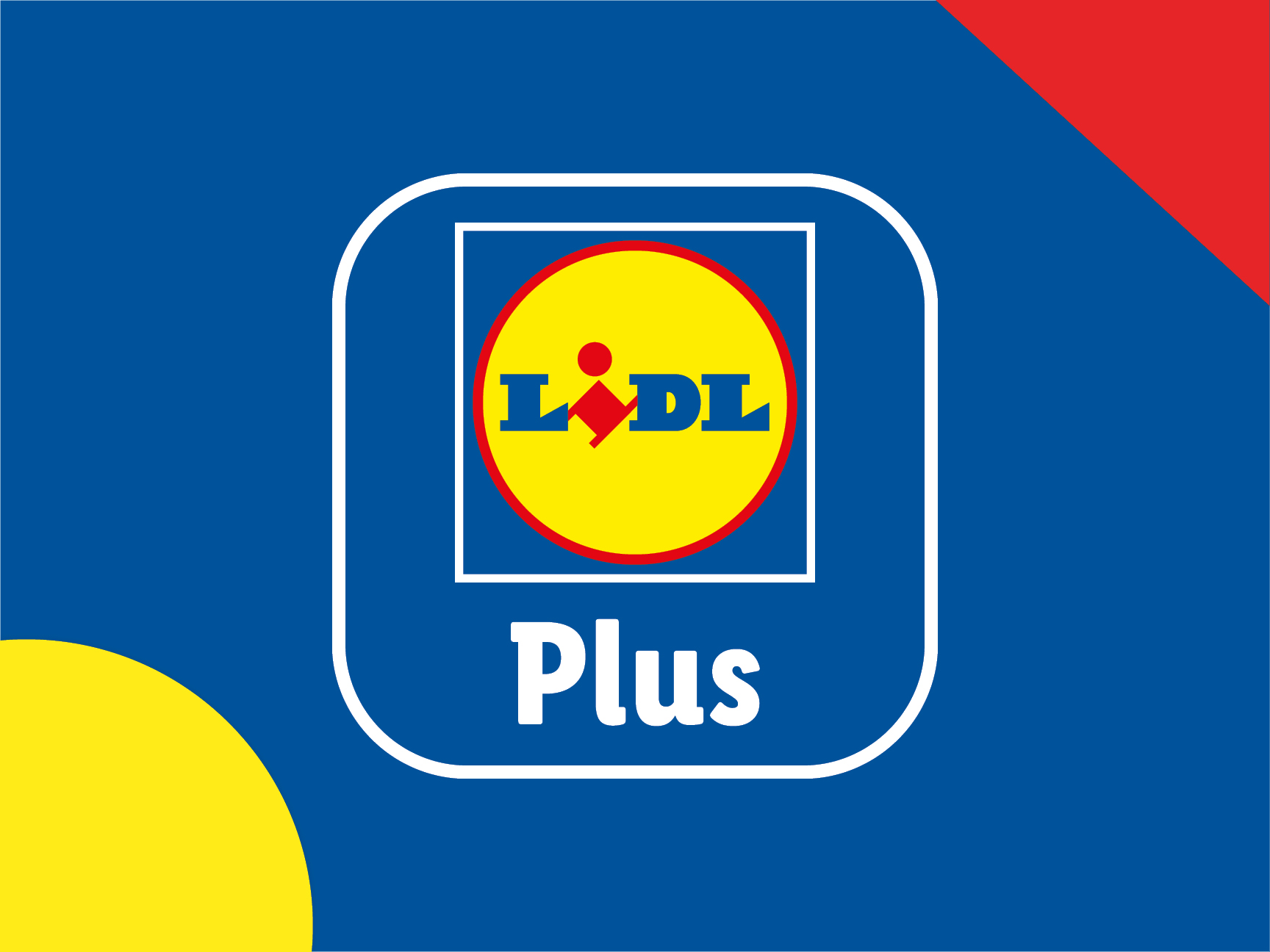 Logo Lidl Plus su sfondo blu con angoli rossi e gialli.