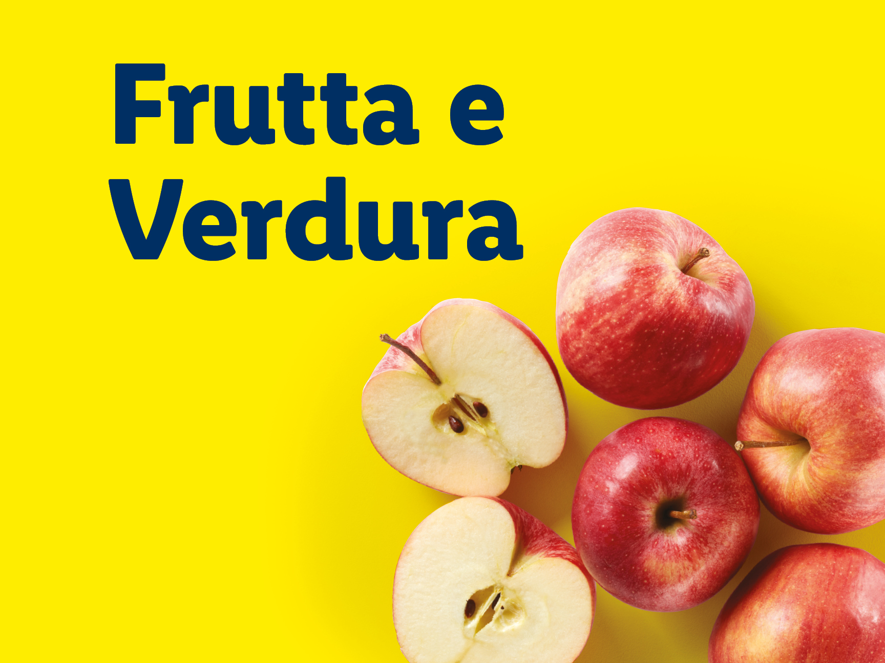 Mele rosse su sfondo giallo con la scritta 'Frutta e Verdura'.