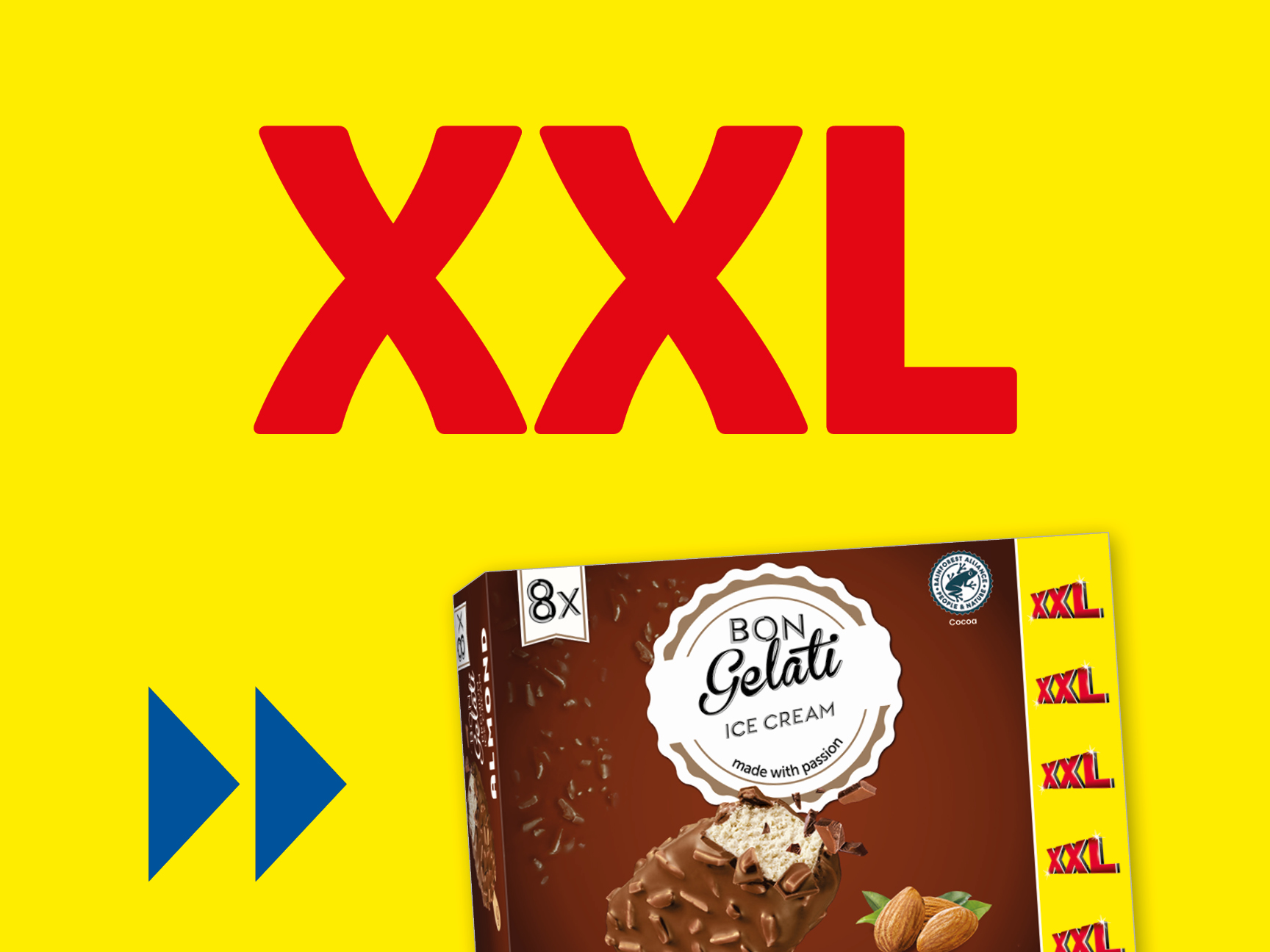 Confezione di gelato Bon Gelati con la scritta 'XXL' su sfondo giallo.