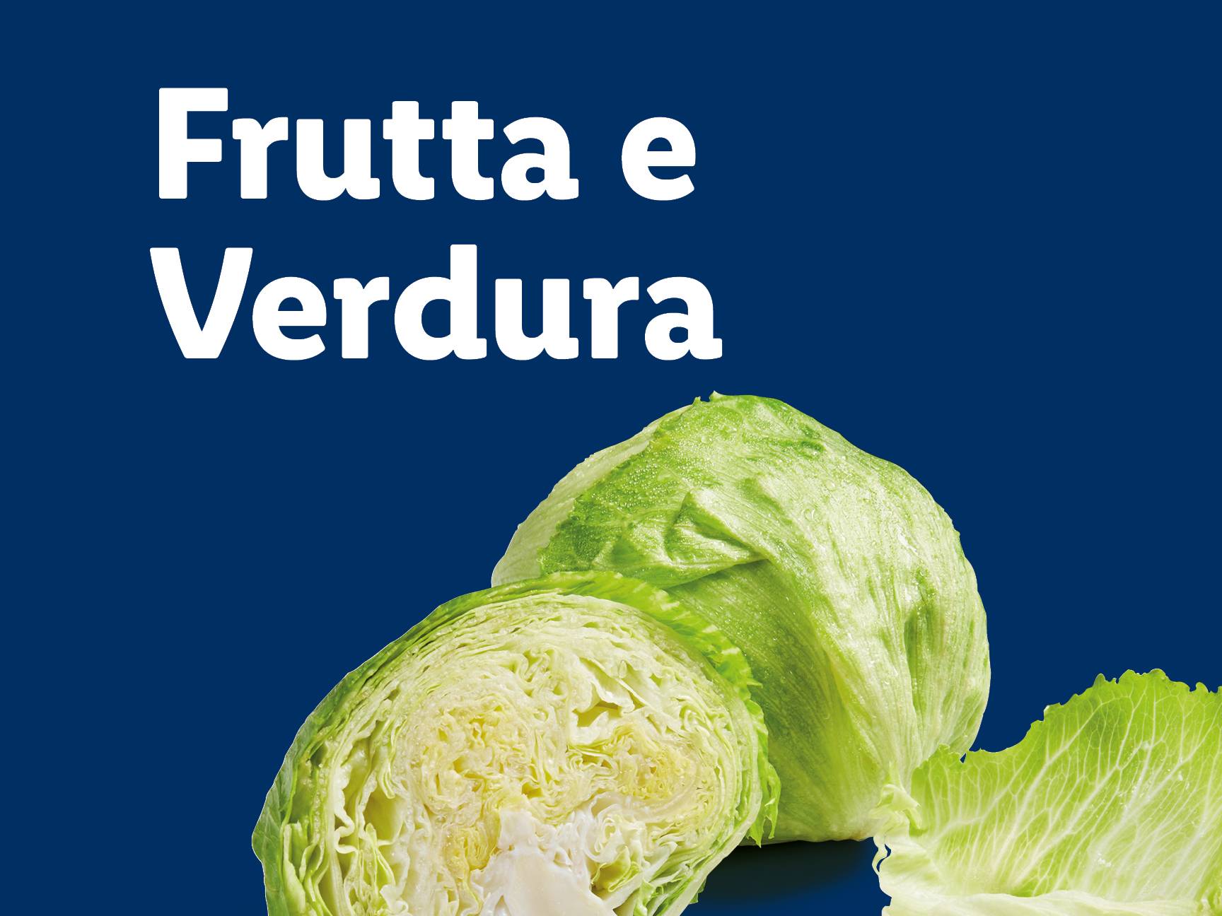 Lattuga iceberg su sfondo blu con testo 'Frutta e Verdura'.