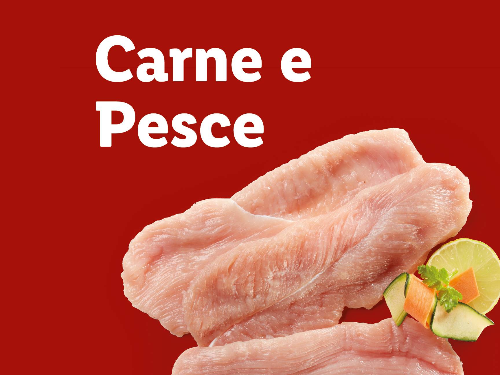 Filetti di carne e pesce crudi con guarnizione di verdure su sfondo rosso.
