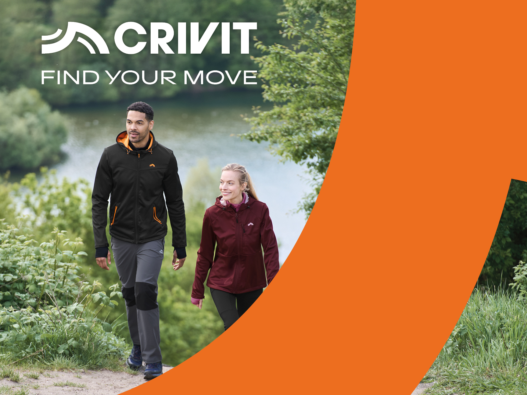 Due escursionisti in giacche sportive su un sentiero vicino a un lago, con la scritta "CRIVIT. FIND YOUR MOVE".