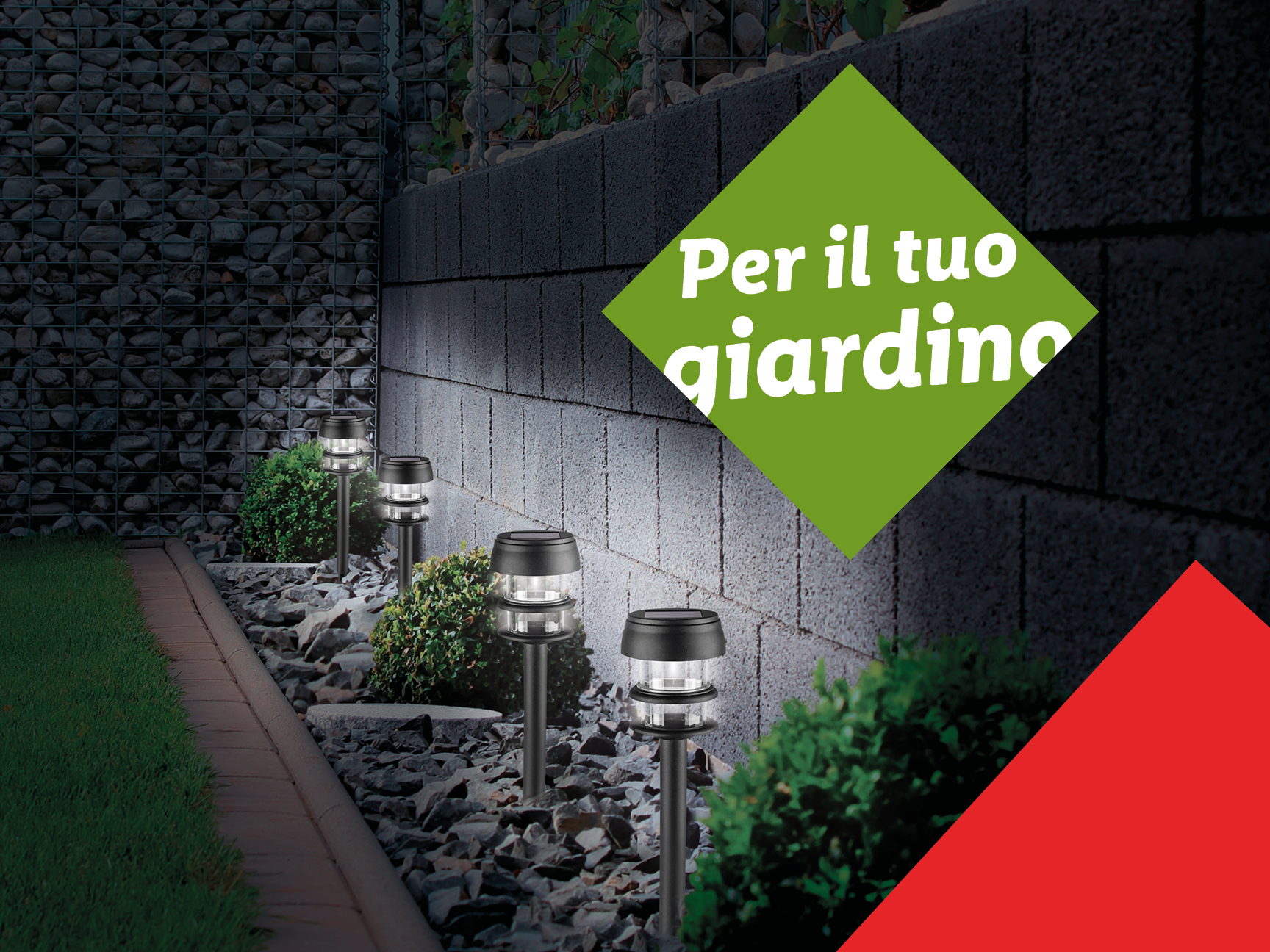 Lanterne solari illuminano un giardino roccioso con la scritta 'Per il tuo giardino'.