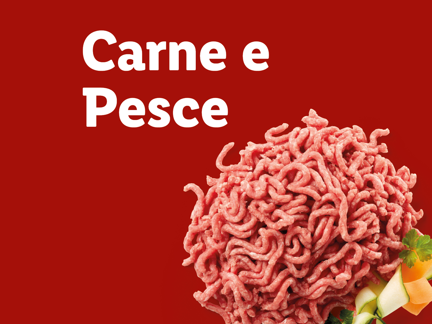 Carne macinata con verdure su sfondo rosso, con testo 'Carne e Pesce'.