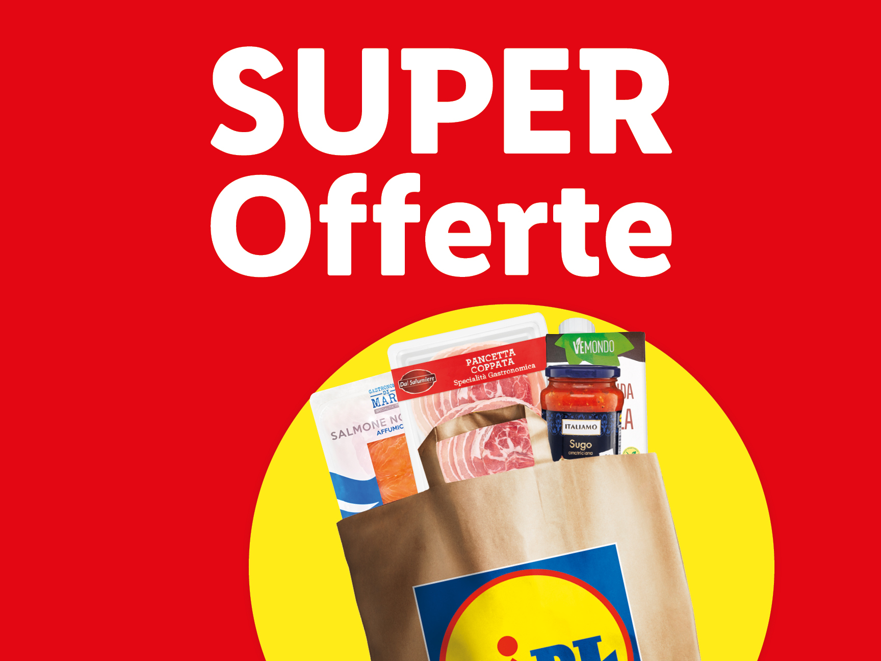 Slogan 'SUPER Offerte' con una busta della spesa piena di prodotti alimentari.