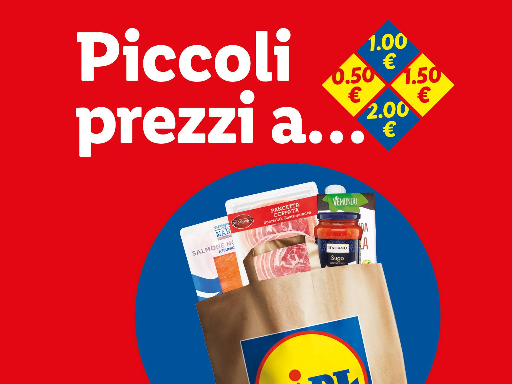 Borsa della spesa con salmone, pancetta, sugo e altri prodotti, con prezzi promozionali.