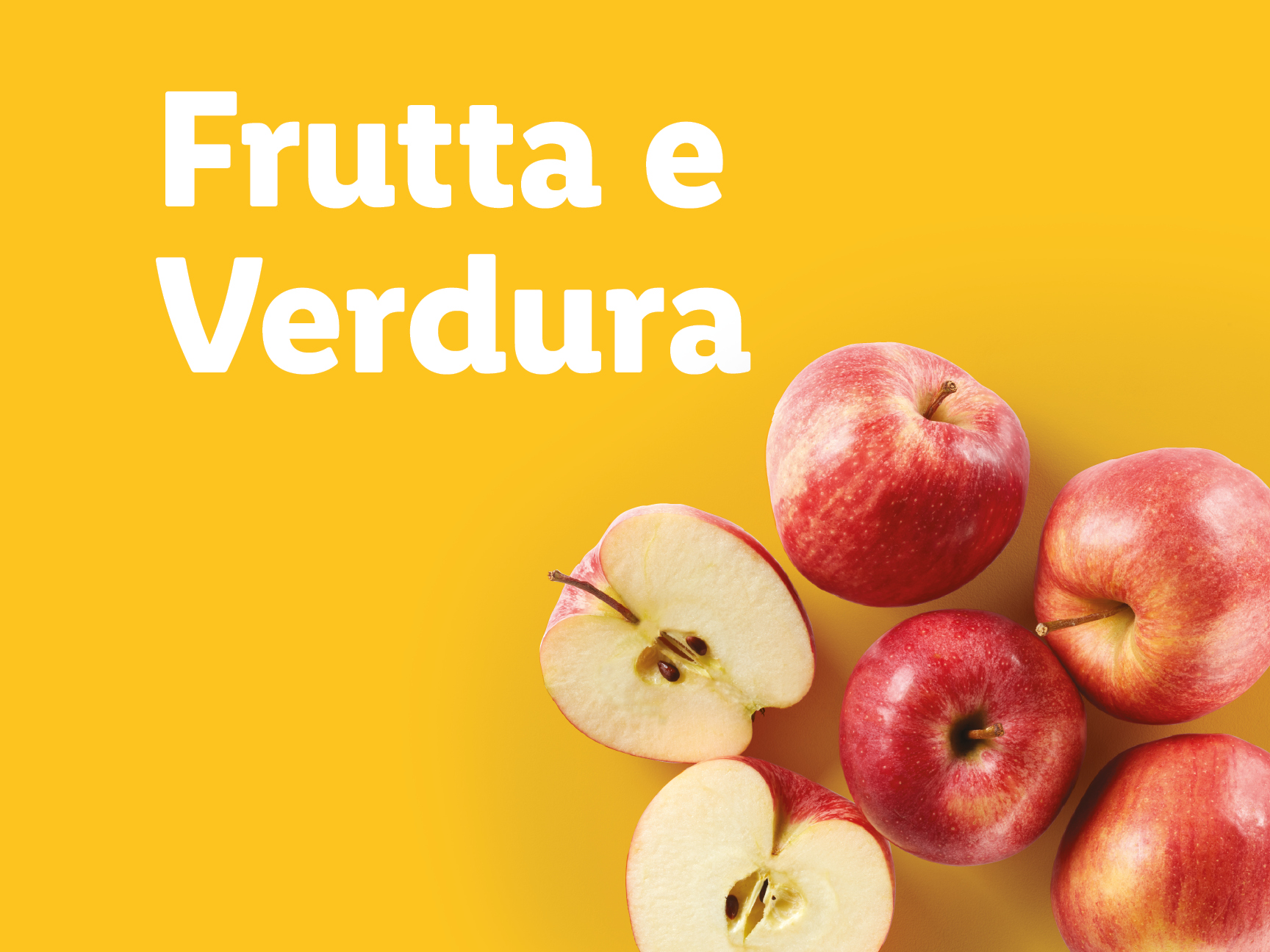 Mele rosse su sfondo giallo con la scritta 'Frutta e Verdura'.