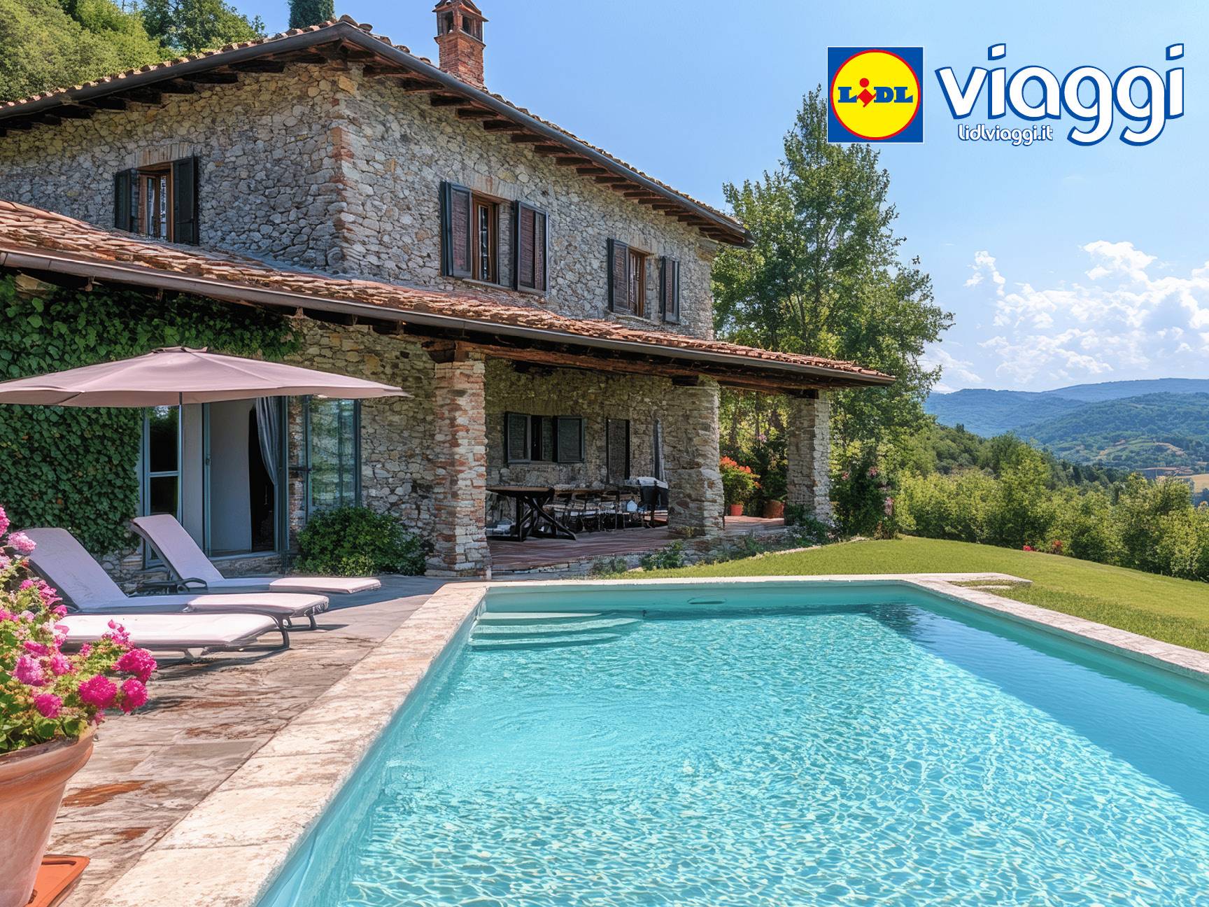 Villa in pietra con piscina e logo Lidl Viaggi in alto a destra.