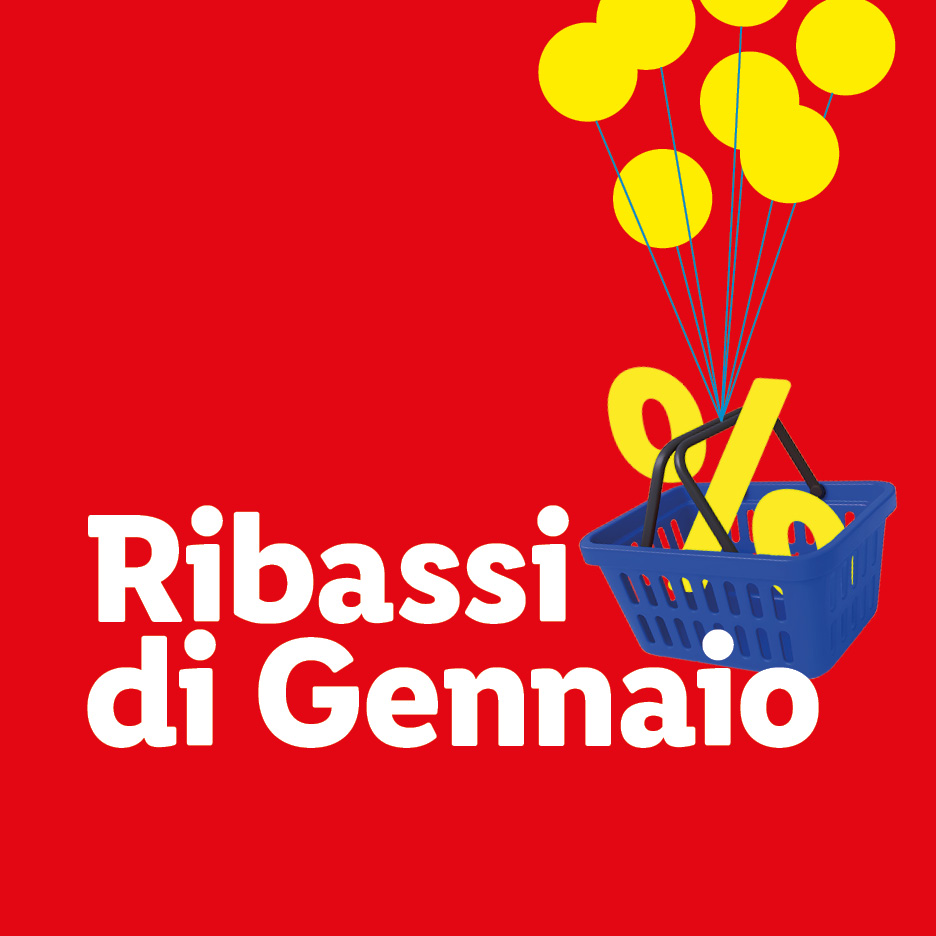 Sconti di Gennaio: un carrello blu con un simbolo di percentuale giallo e palloncini gialli su sfondo rosso.