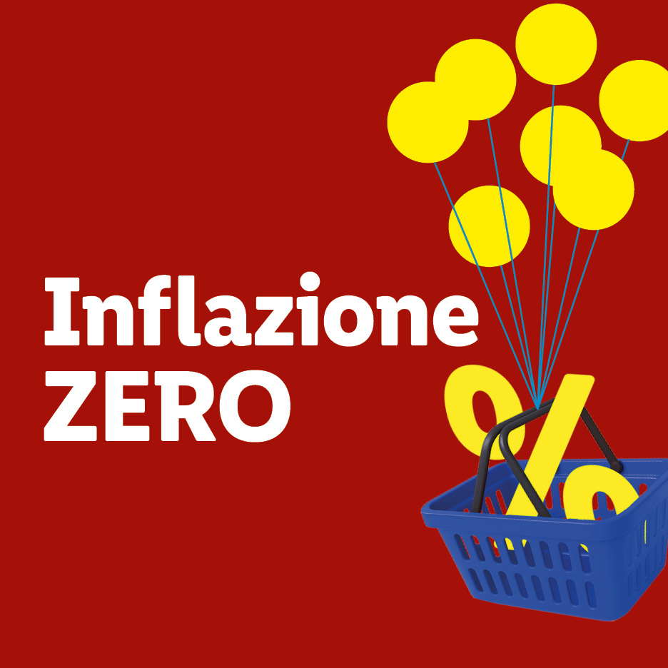 Testo 'Inflazione ZERO' con un carrello della spesa blu e un simbolo di percentuale giallo che vola via con palloncini.