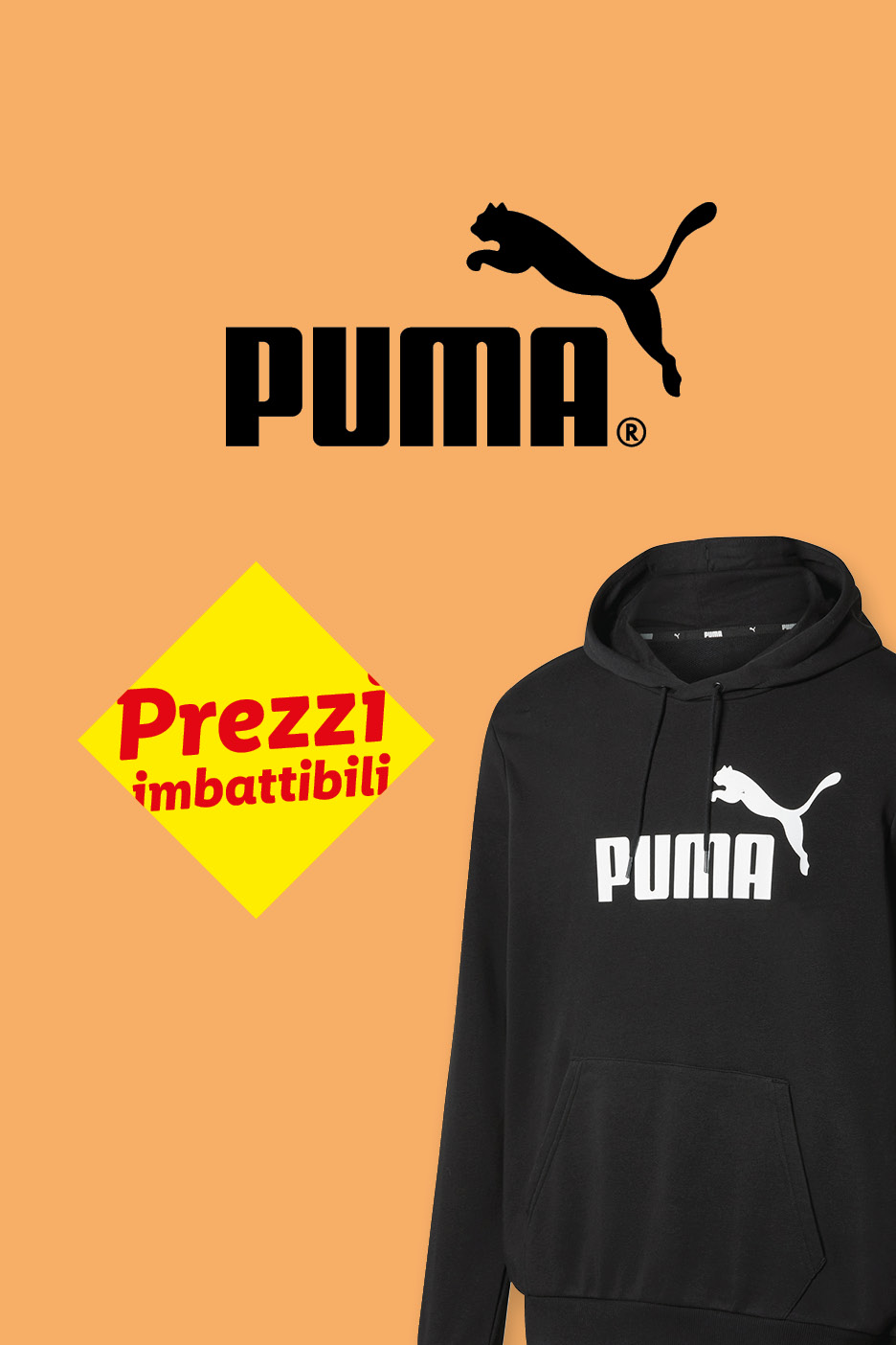 Felpa con cappuccio Puma nera con logo bianco e logo Puma nero su sfondo arancione con scritta 'Prezzi imbattibili'.