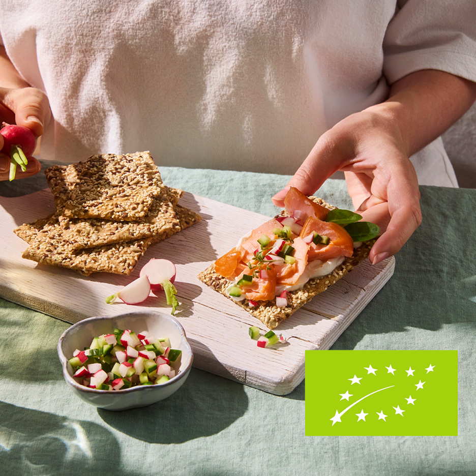 Cracker di semi con salmone affumicato, formaggio spalmabile, ravanelli e cetrioli.