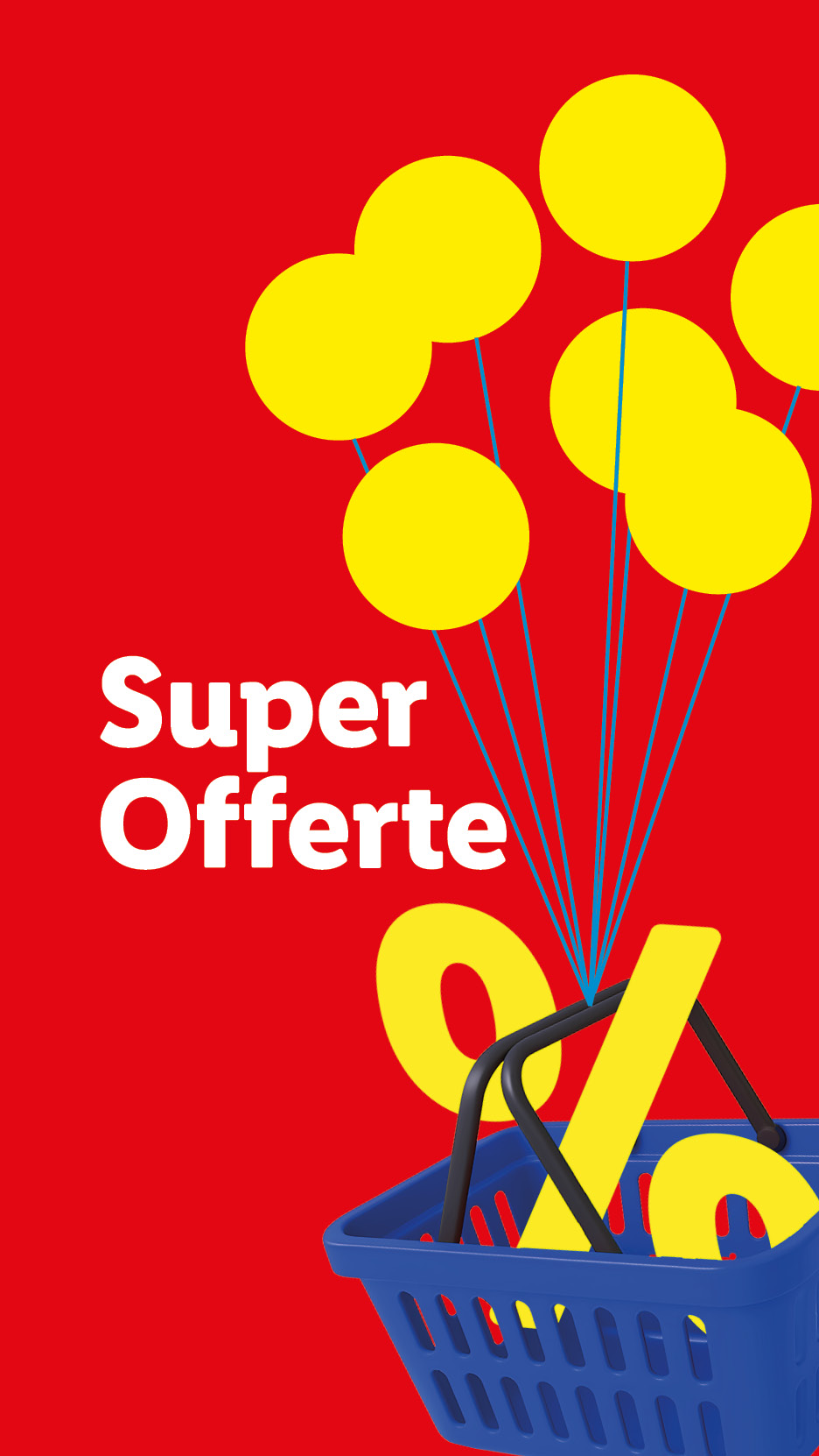 Sfondo rosso con palloncini gialli, testo 'Super Offerte' e un carrello blu con un simbolo di percentuale.