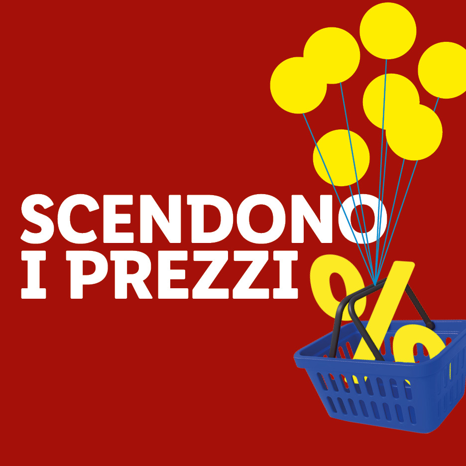 Testo 'SCENDONO I PREZZI' con un carrello della spesa blu e un simbolo di percentuale giallo che vola via con dei palloncini.