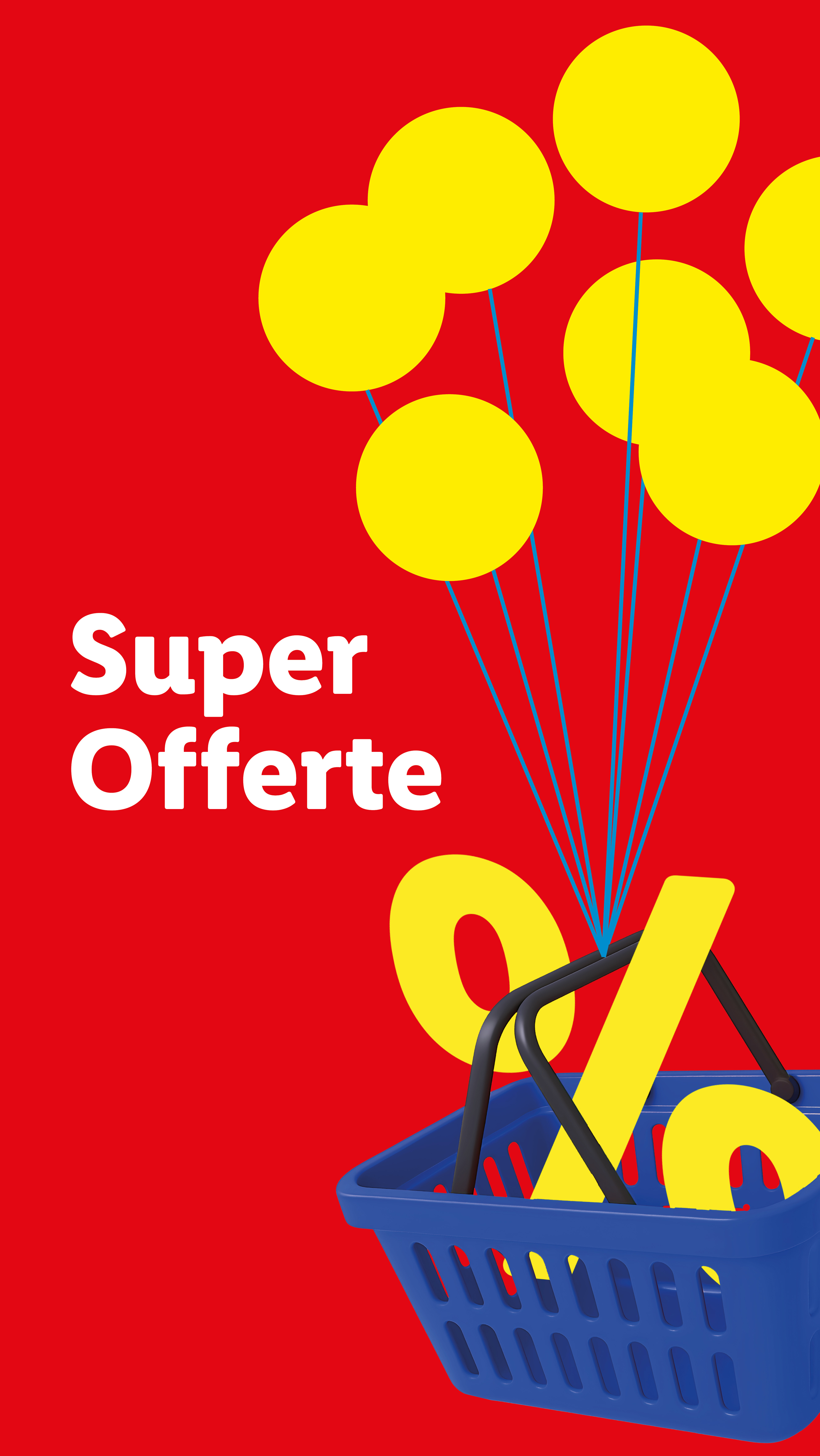 Carrello blu con simbolo percentuale giallo e palloncini, testo 'Super Offerte' su sfondo rosso.