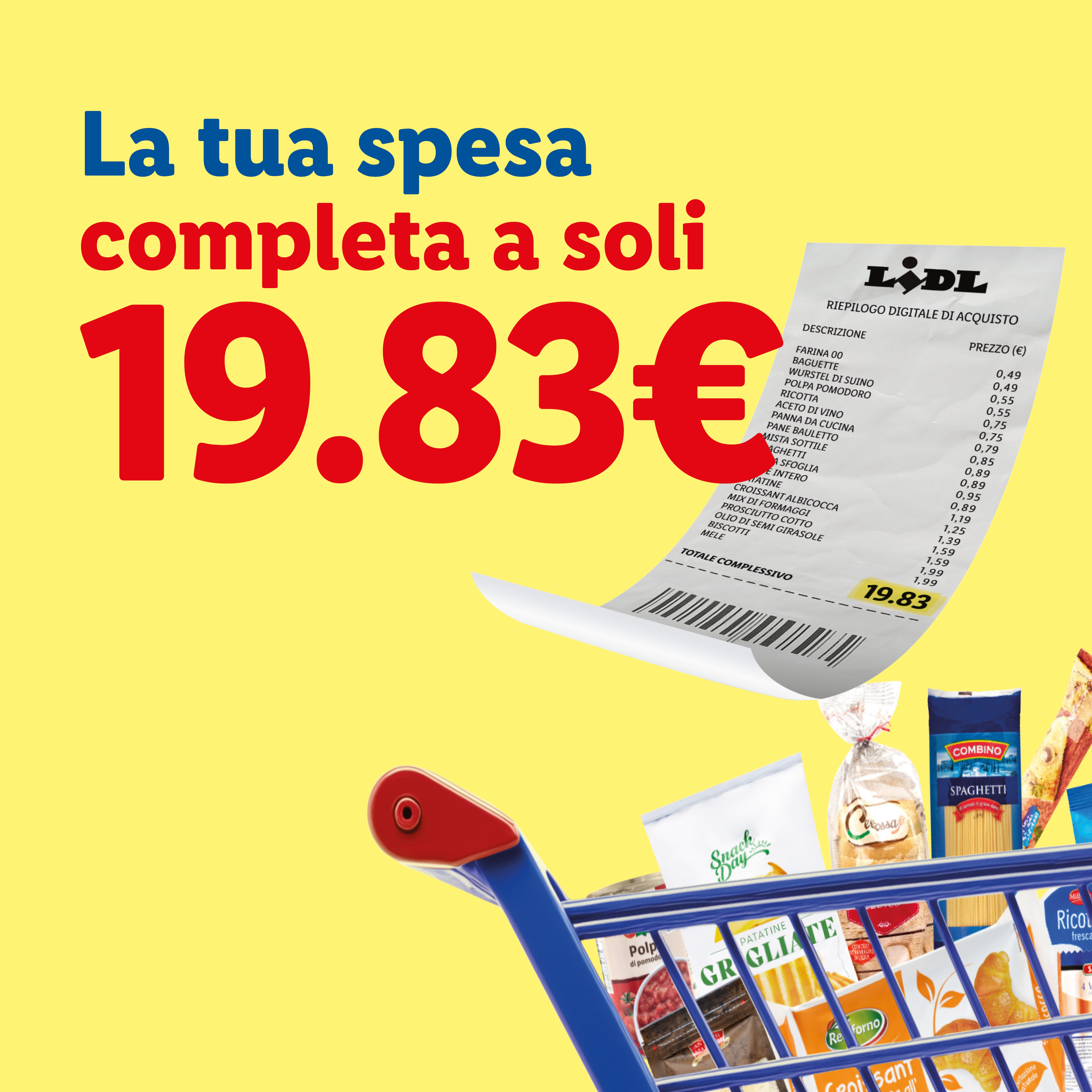 Carrello della spesa con scontrino digitale che mostra un totale di 19,83€ per prodotti alimentari vari.