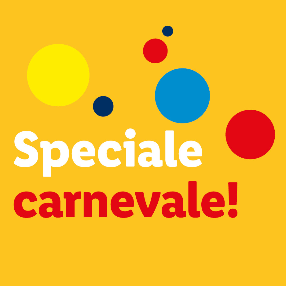 Sfondo giallo con pois colorati e testo bianco e rosso: 'Speciale carnevale!'
