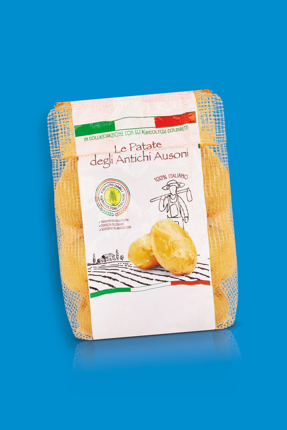Confezione di patate italiane con etichetta che recita 'Le Patate degli Antichi Ausoni' e '100% Italian'.