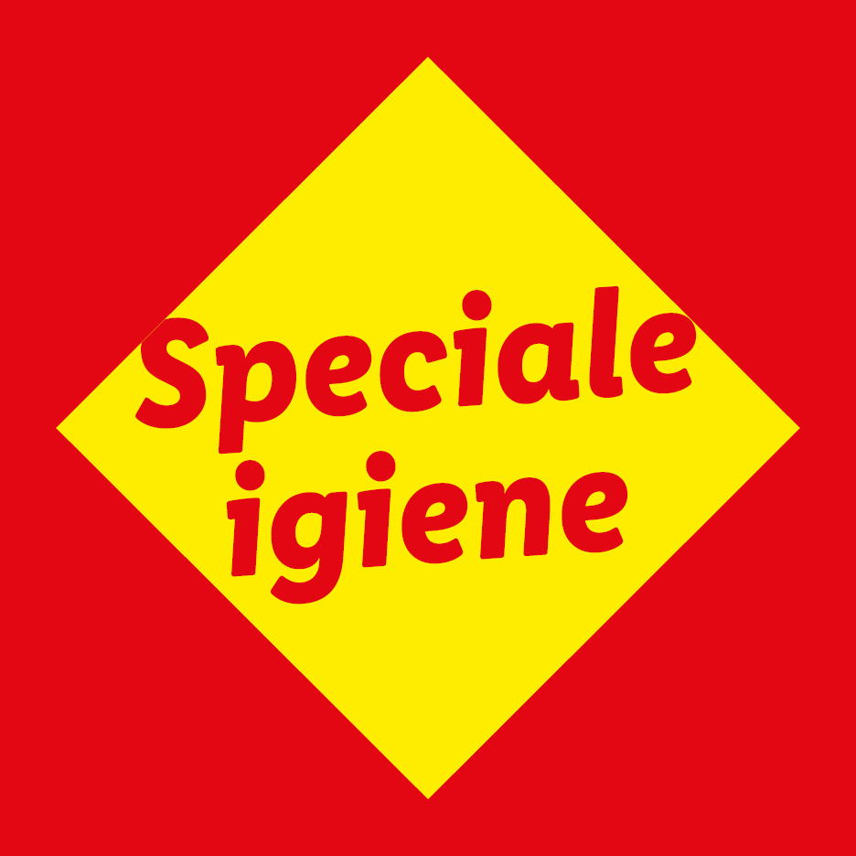 Etichetta rossa e gialla con la scritta 'Speciale igiene'.