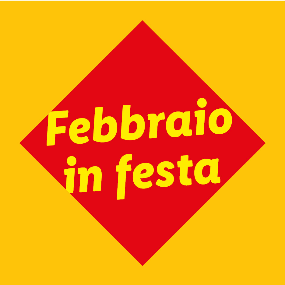 Un rombo rosso su sfondo giallo con la scritta 'Febbraio in festa' in giallo.