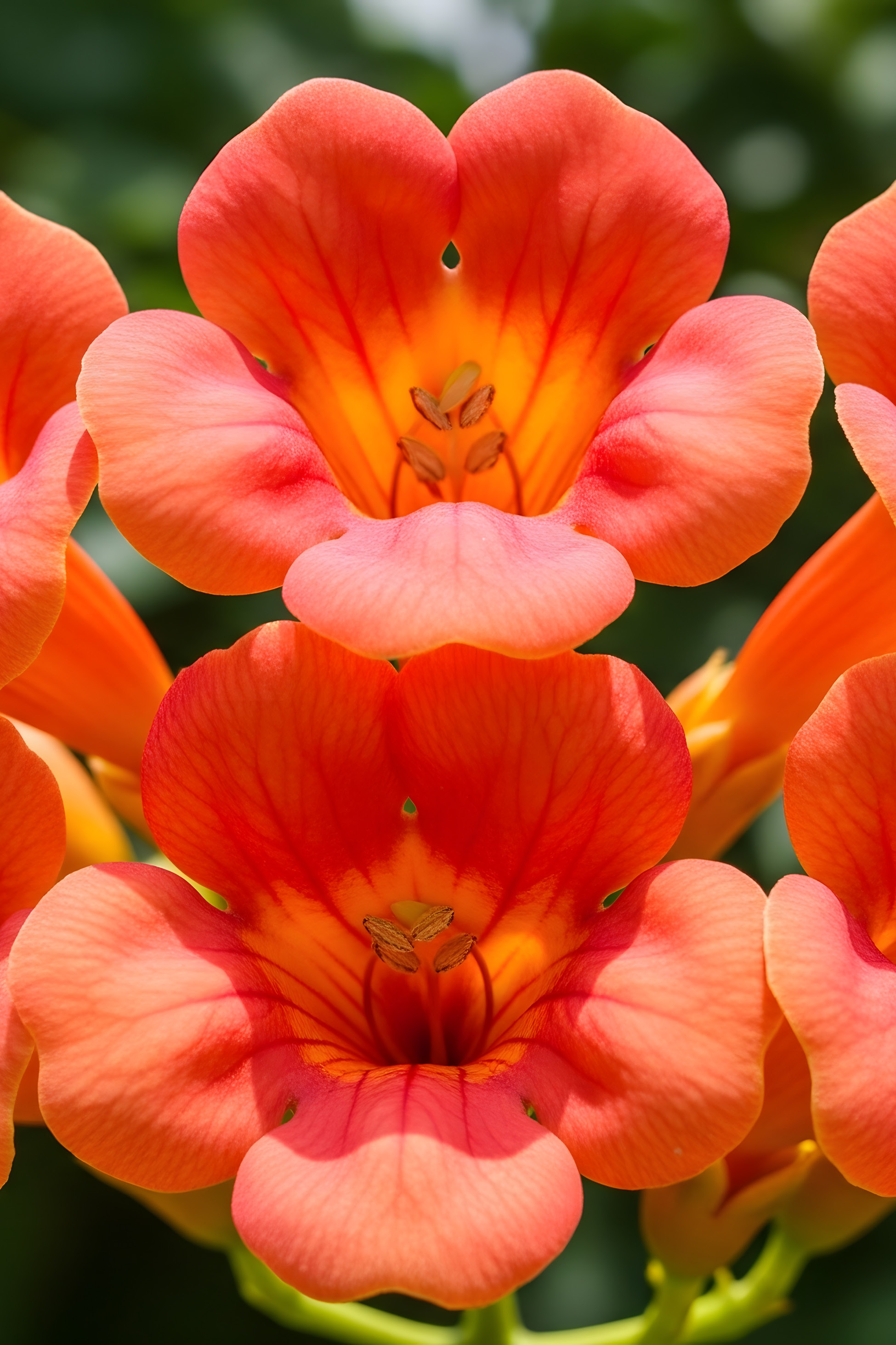 Primo piano di due fiori di tromba arancioni con petali a forma di cuore e stami visibili.