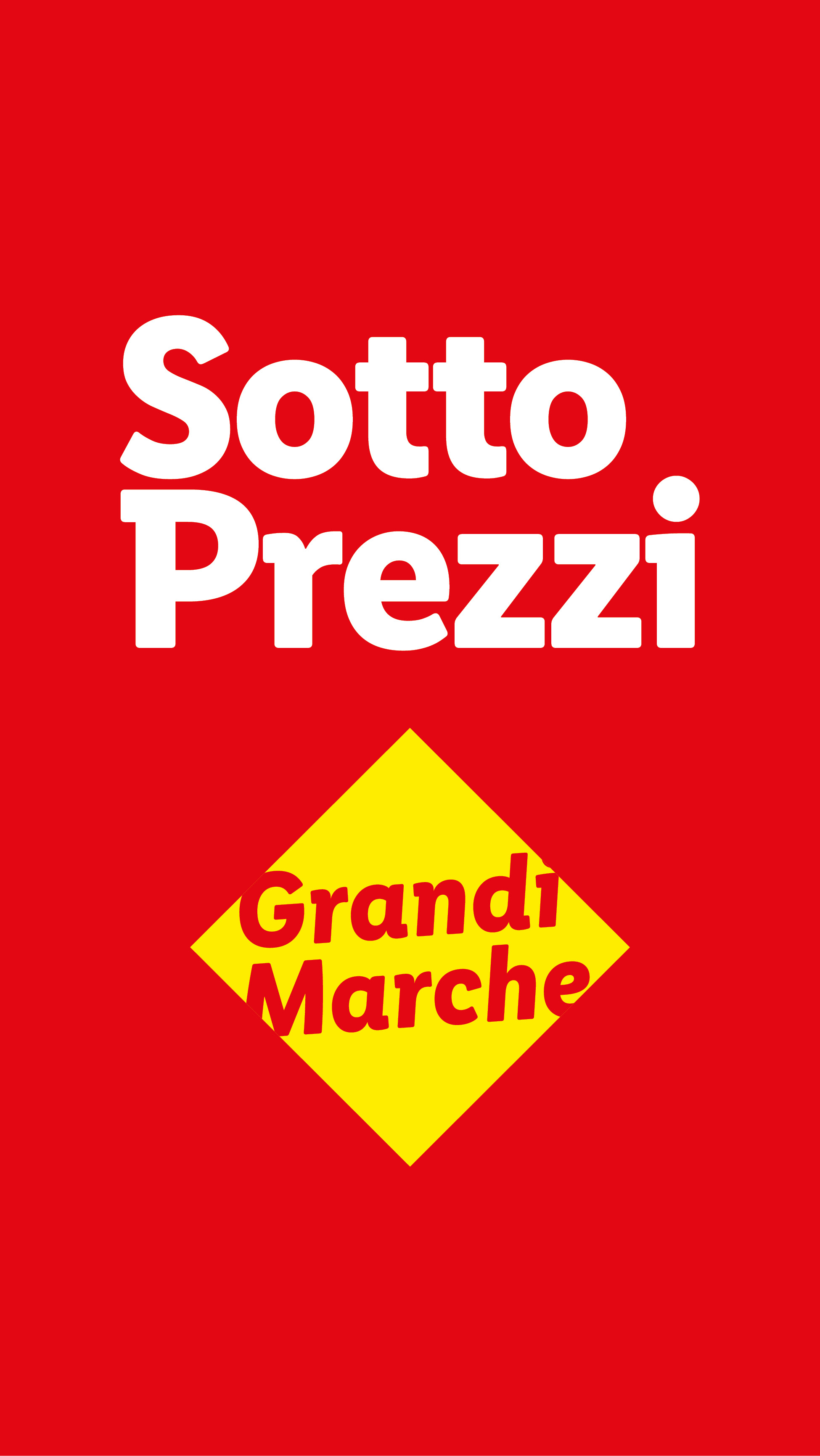 Sotto Prezzi Grandi Marche su sfondo rosso e giallo.