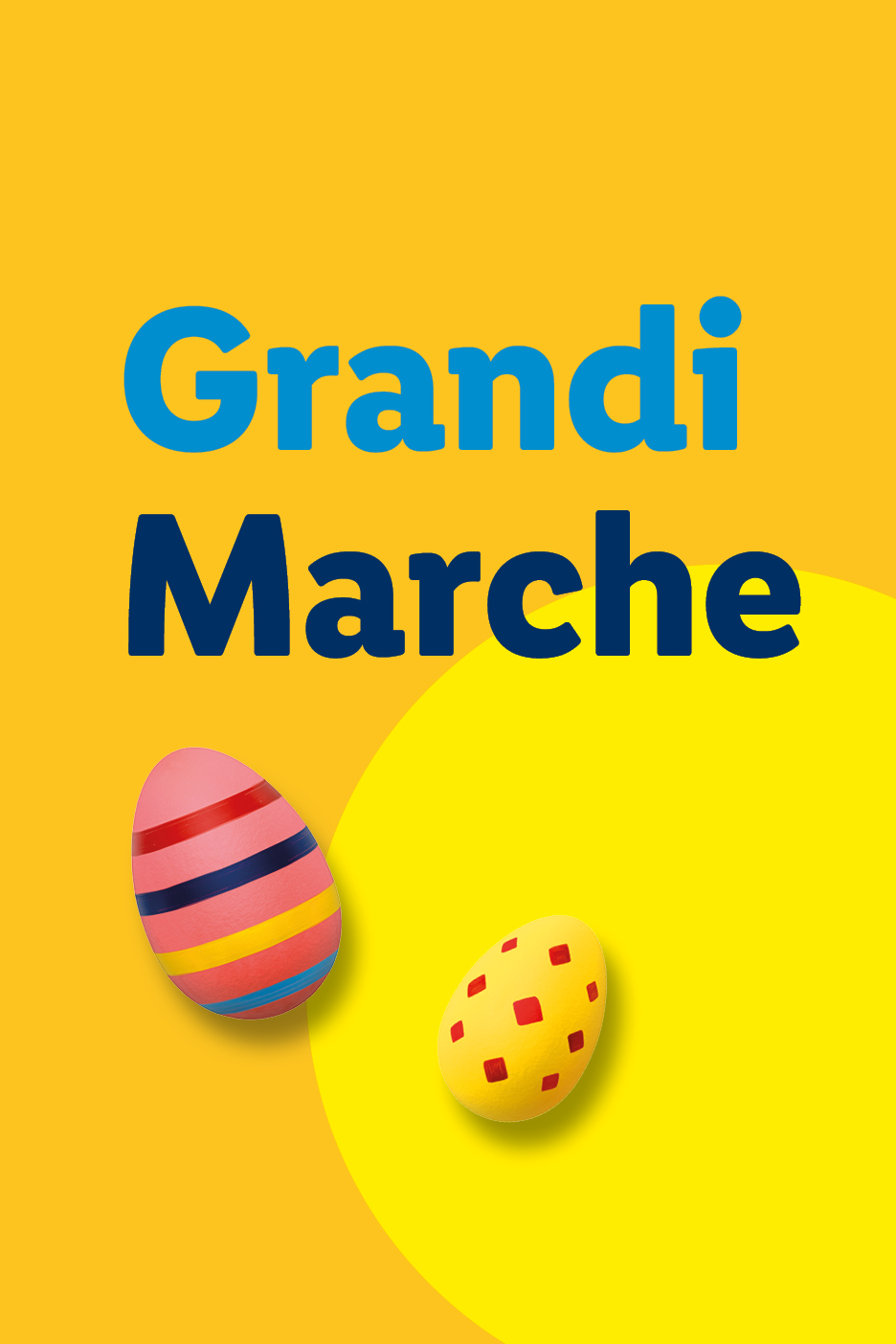 Uova di Pasqua colorate su sfondo giallo con testo 'Grandi Marche'.