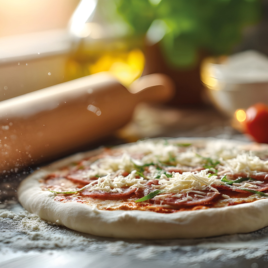 Pizza cruda con salame, formaggio e basilico, con mattarello e farina.